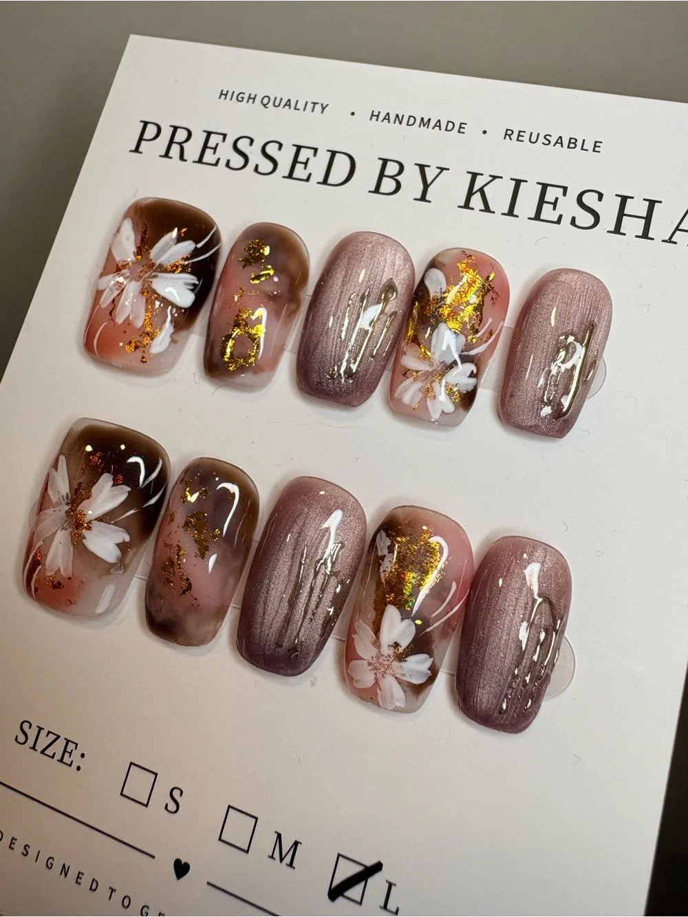 Pressed Press-On Nail Set with Floral & Gold Leaf Accents